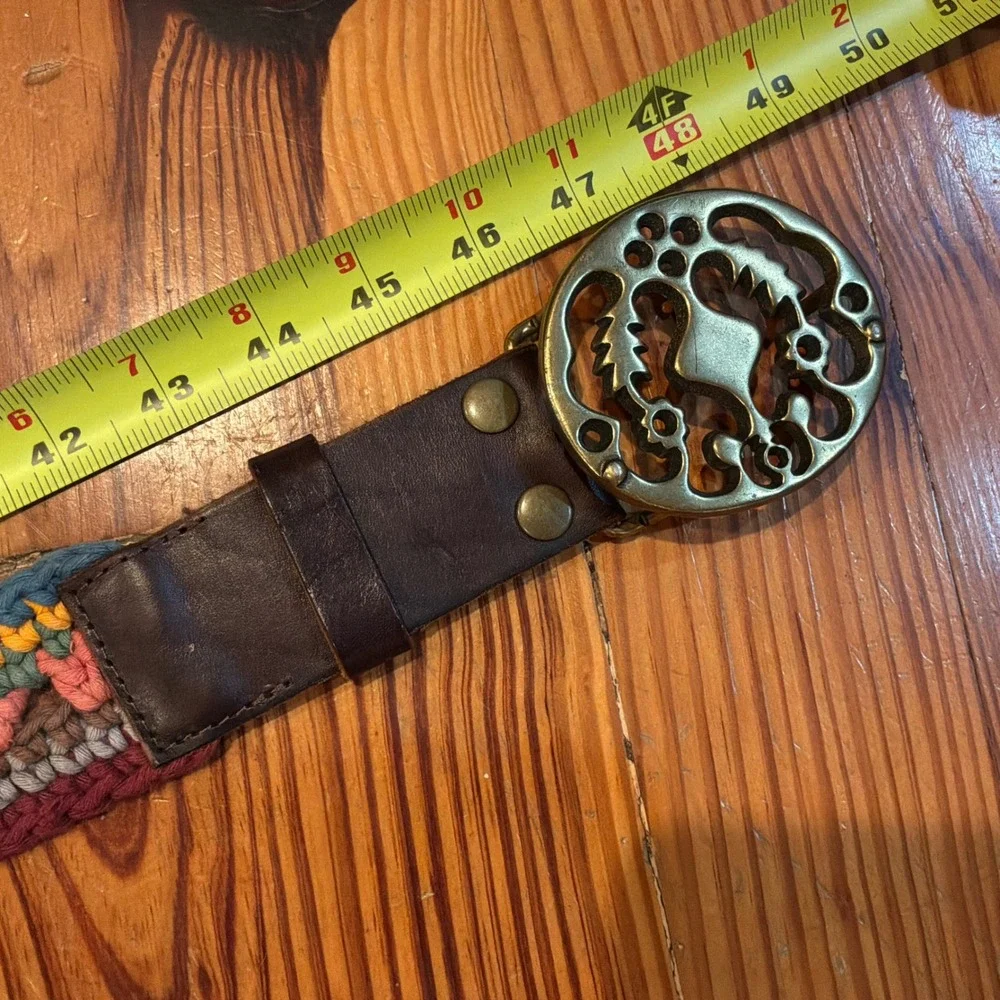 Lucky Brand Boho Crochet Knit Leather Belt Multicolor Brass Buckle Size 32